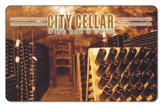 City Cellar logo in white on an vintage image of a wine cellar.